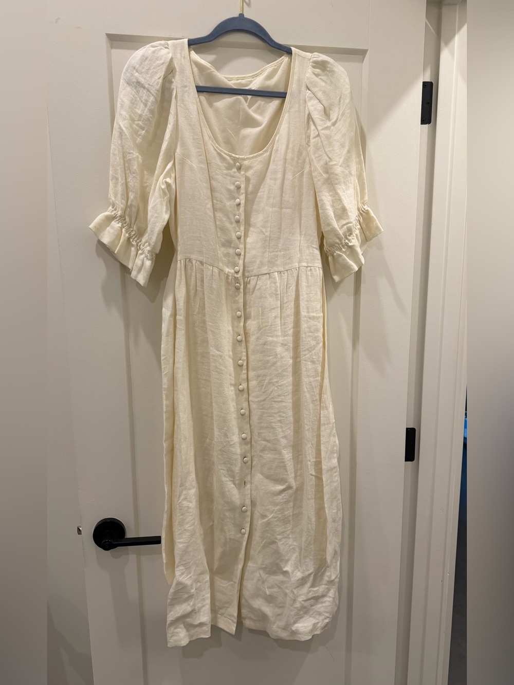 Emerson Fry Cream Button-Front Midi Dress with Puff Sleeves